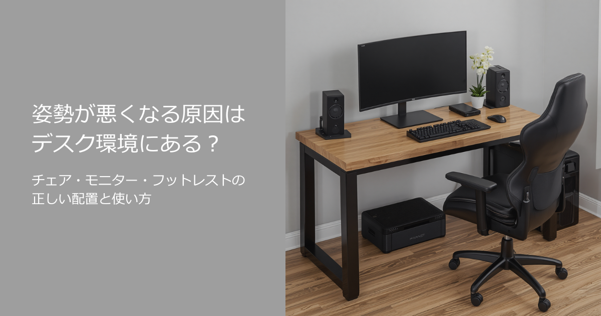 ゲーマーの姿勢改善につながるデスク環境の設定ポイントを紹介するアイキャッチ画像